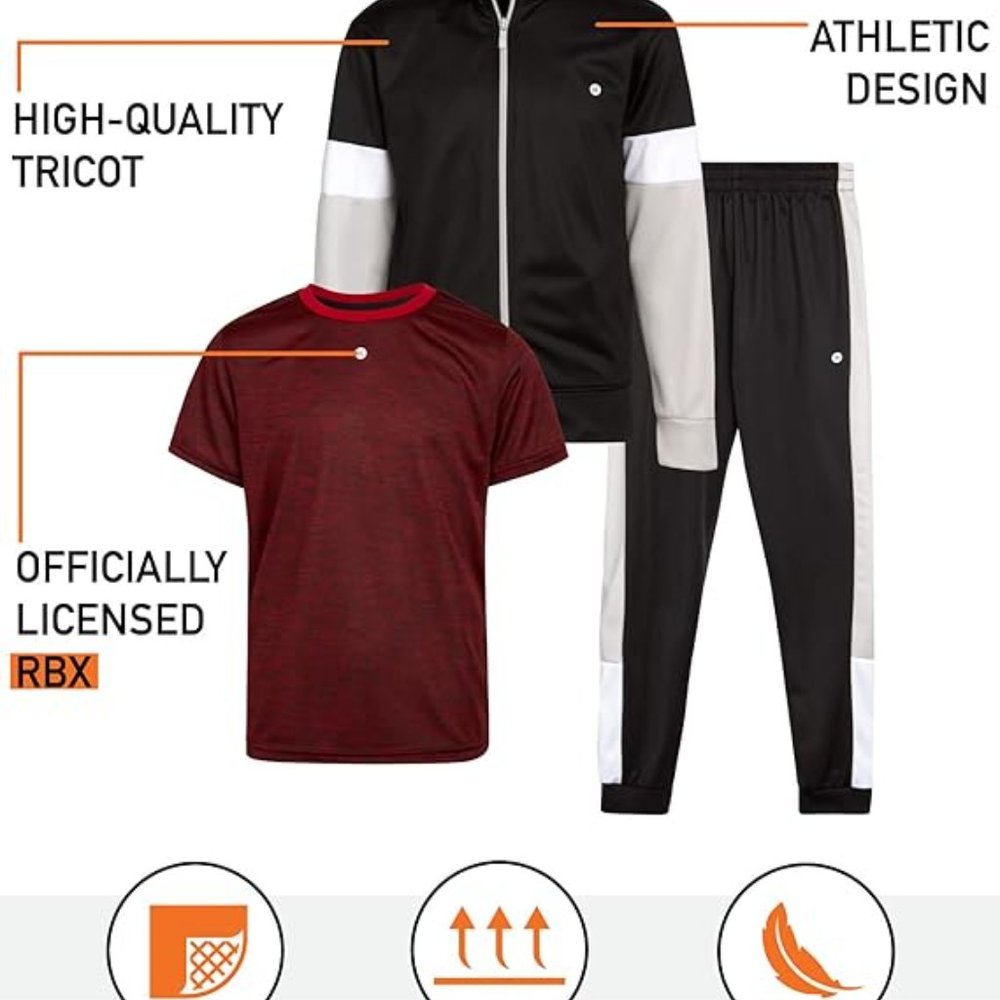 RBX Boys' Jogger Set - 3 Piece Tricot Sweatshirt, Sweatpants, and T-Shirt Tracks